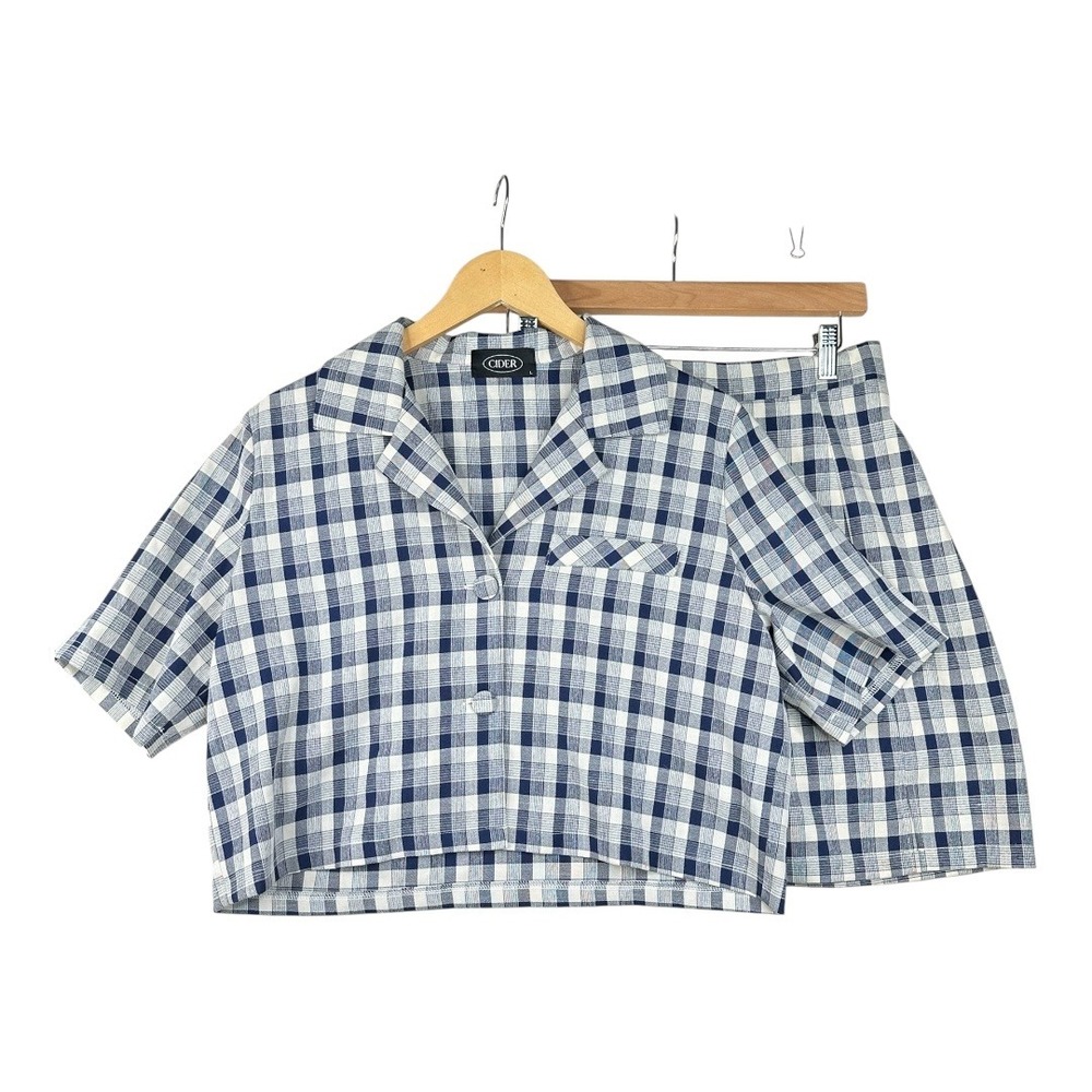Cider‎ Plaid Cropped Blouse and Skirt Set size Large White/Blue